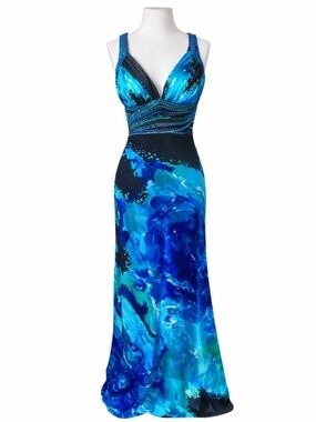 Cache Blue Watercolor Formal Maxi Dress Size 4 Beaded Waist Y2K 2000s Glam